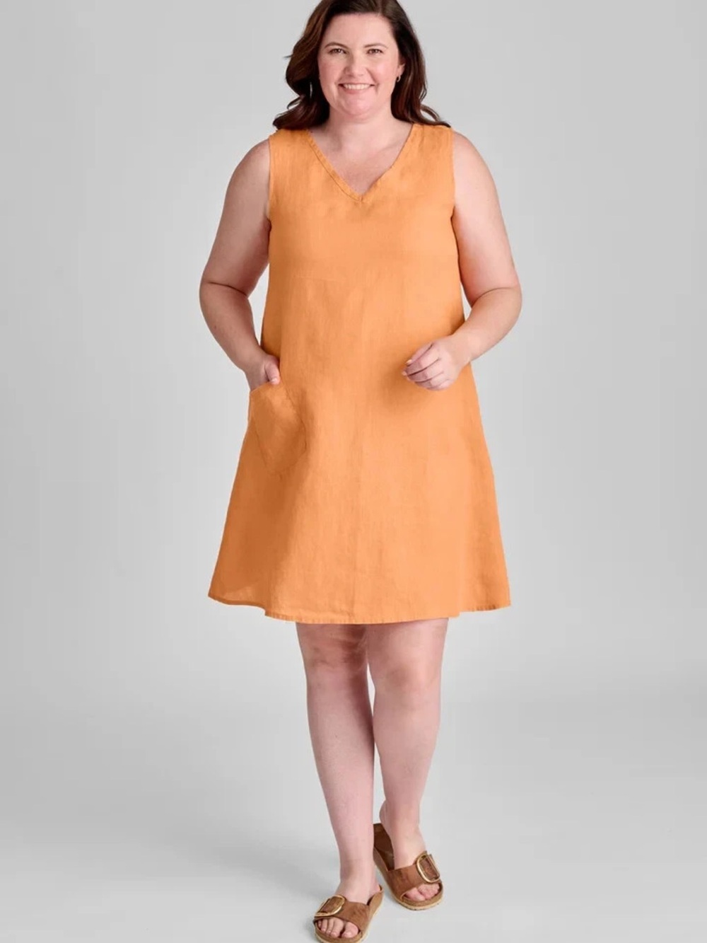 FLAX Women’s 100% Linen Sleeveless A-Line Dress Lagenlook in Apricot Orange L - Picture 1 of 12